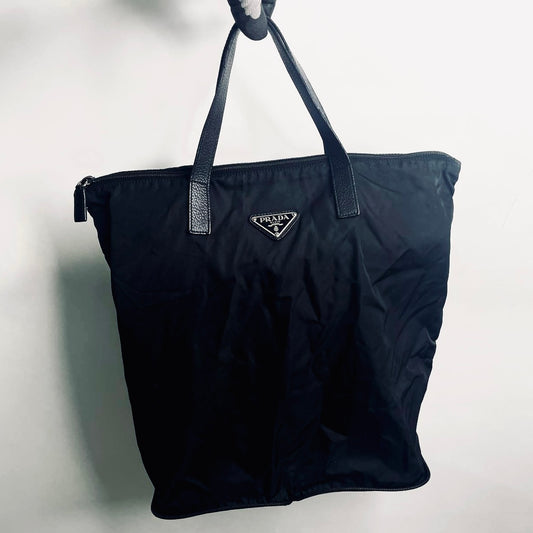 Prada Black Tessuto Classic Monogram Logo Nylon Shopper Shoulder Packable Tote Bag