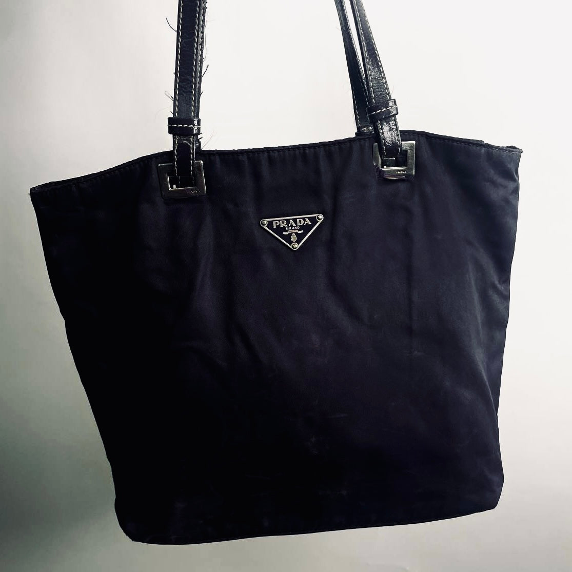 Prada Black Tessuto Acciaio Classic Logo Shopper Zip Shoulder Tote Bag