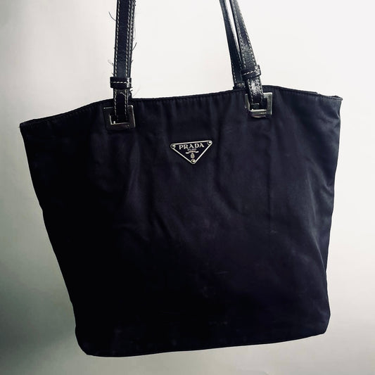 Prada Black Tessuto Acciaio Classic Logo Shopper Zip Shoulder Tote Bag