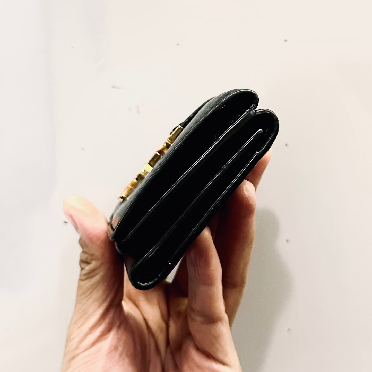 YSL Yves Saint Laurent Black GHW Line Origami Tiny Trifold Compact Flap Wallet Calfskin Leather