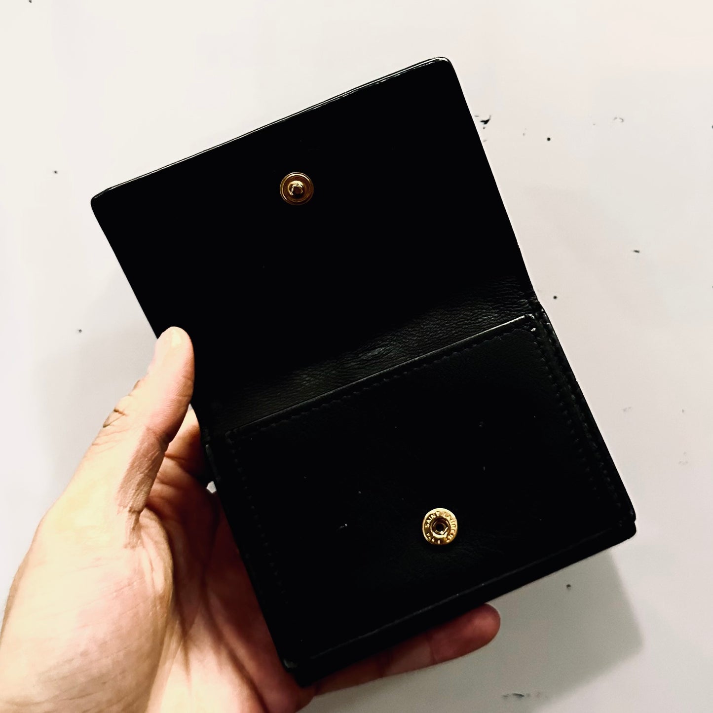 YSL Yves Saint Laurent Black GHW Line Origami Tiny Trifold Compact Flap Wallet Calfskin Leather