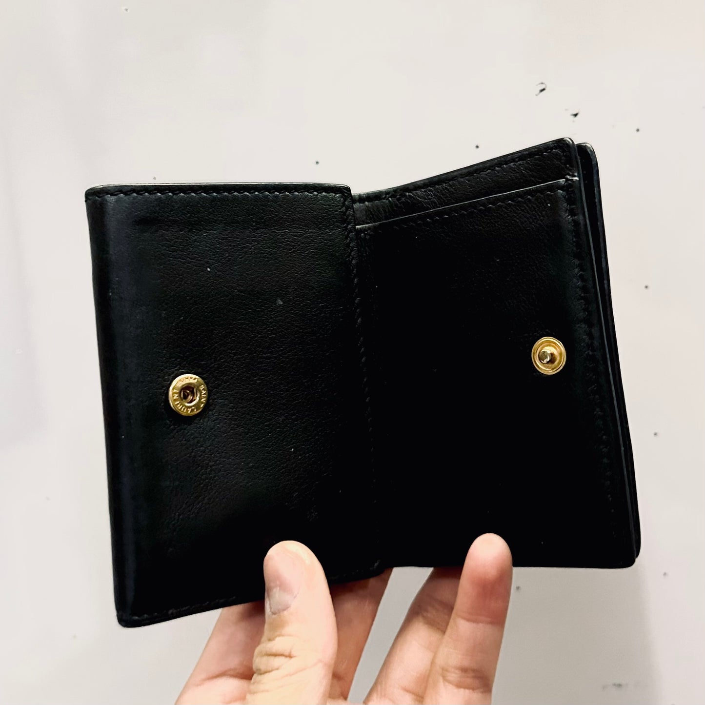 YSL Yves Saint Laurent Black GHW Line Origami Tiny Trifold Compact Flap Wallet Calfskin Leather