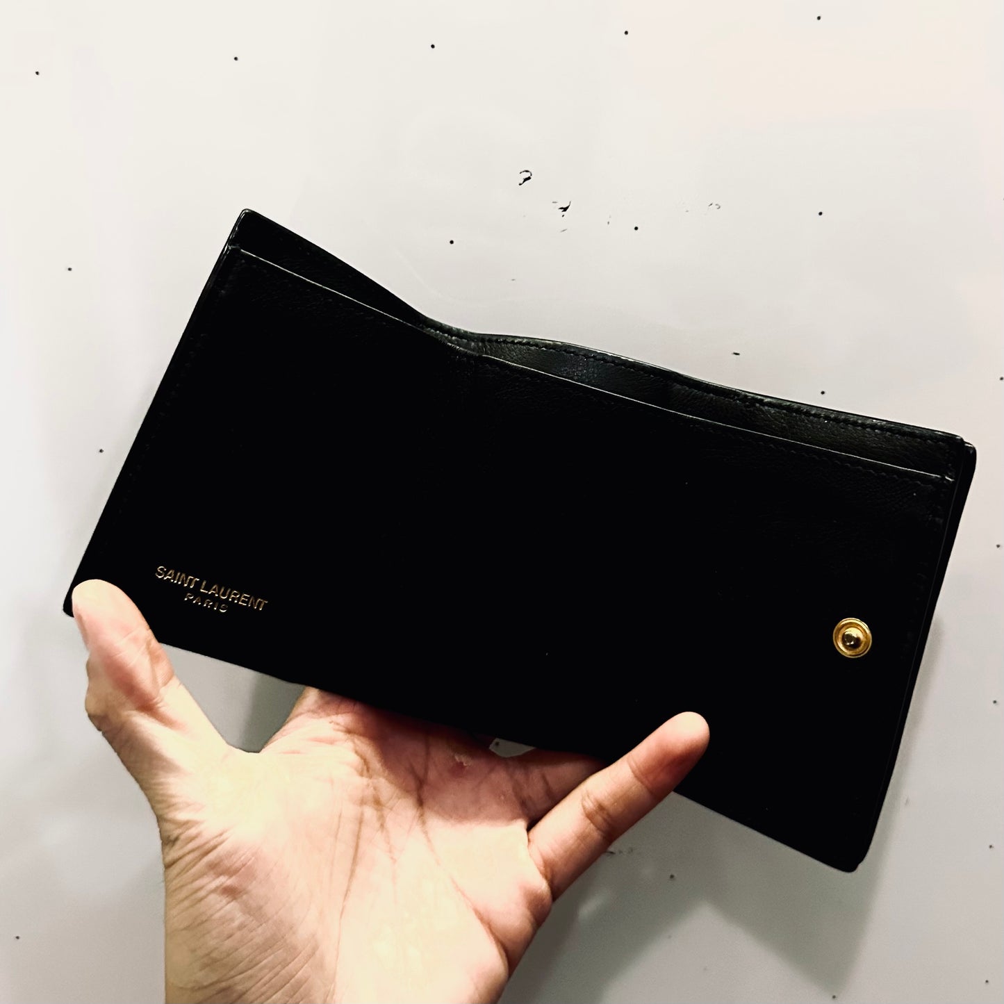 YSL Yves Saint Laurent Black GHW Line Origami Tiny Trifold Compact Flap Wallet Calfskin Leather