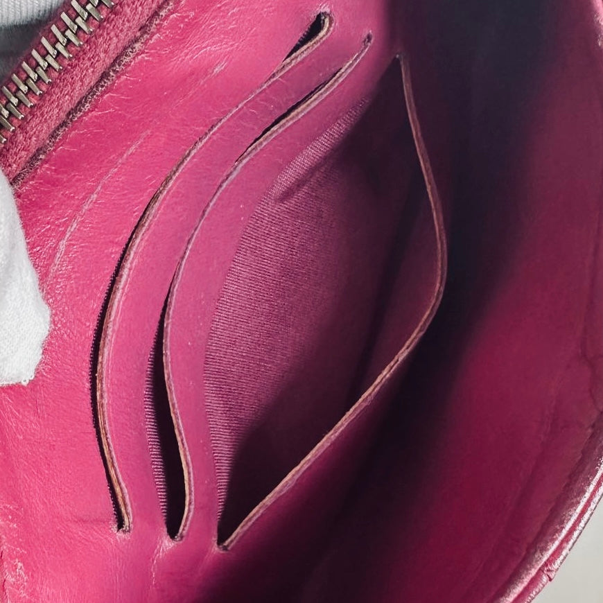 Chanel Camellia Fuchsia GHW CC Monogram Logo Embossed Lambskin Zip Long Flat Wallet Cardholder Card Case Pouch 26s