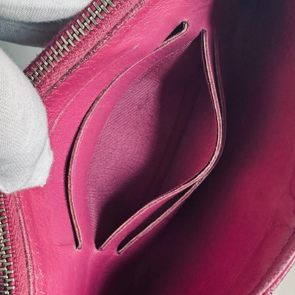 Chanel Camellia Fuchsia GHW CC Monogram Logo Embossed Lambskin Zip Long Flat Wallet Cardholder Card Case Pouch 26s