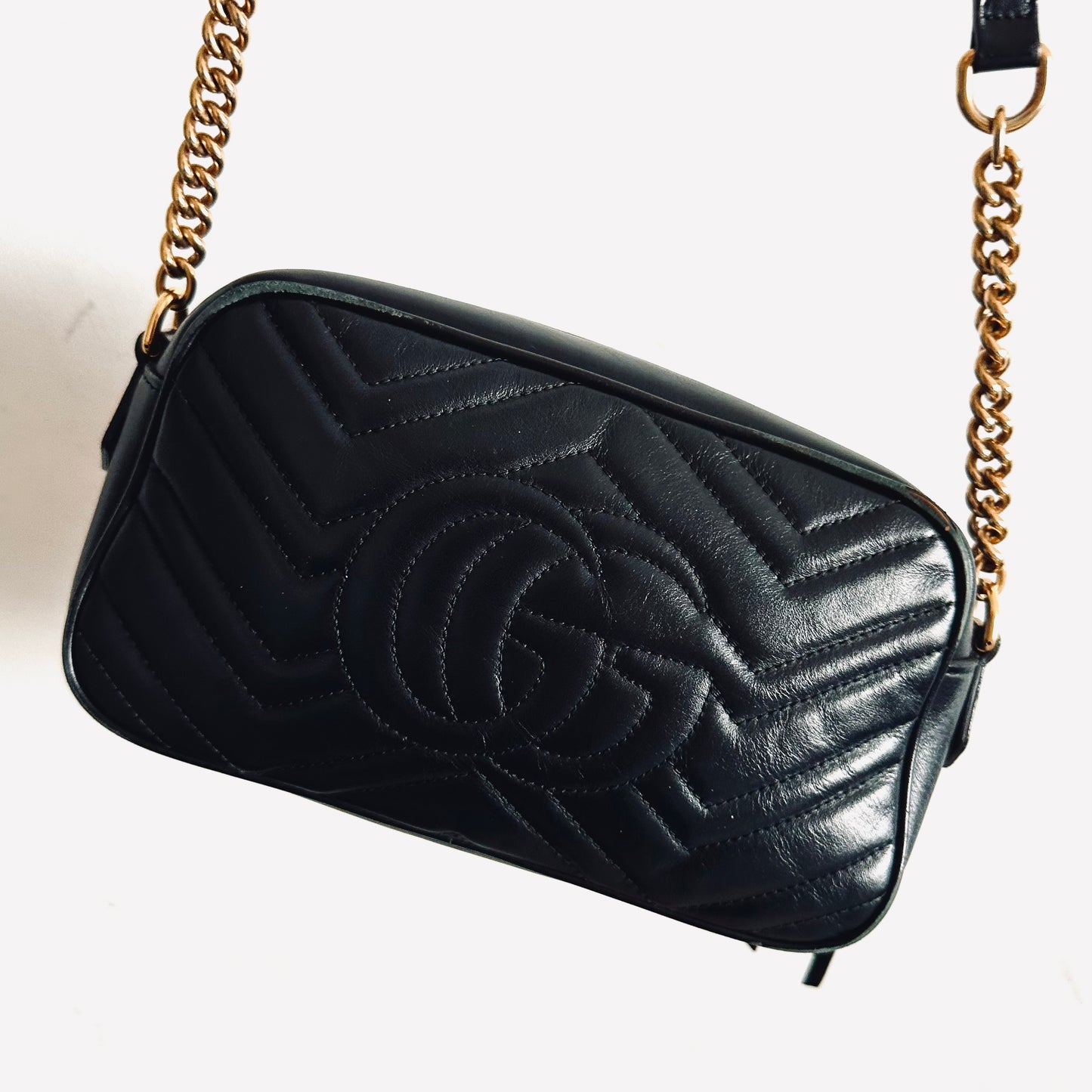 Gucci Marmont GG Monogram Logo Black GHW Leather Small Camera Shoulder Sling Bag
