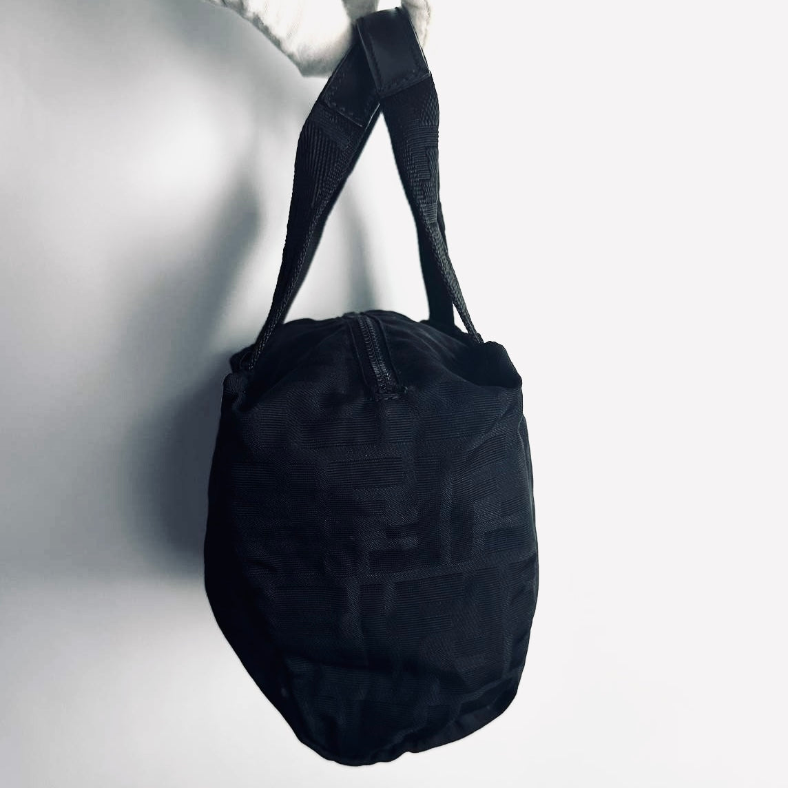 Fendi Roma Black Zucca FF Monogram Logo Mini Bucket Dumpling Zip Tote Bag