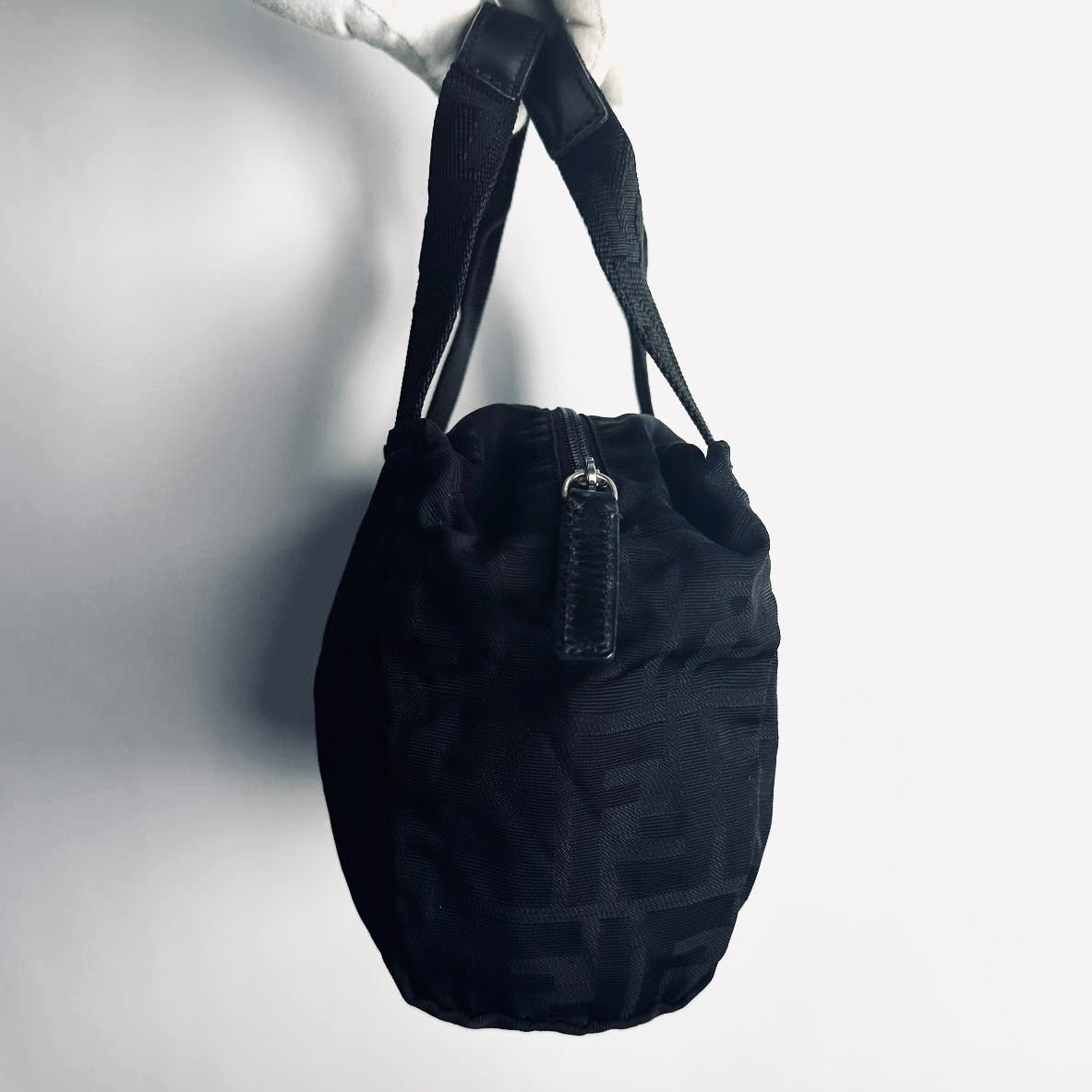 Fendi Roma Black Zucca FF Monogram Logo Mini Bucket Dumpling Zip Tote Bag