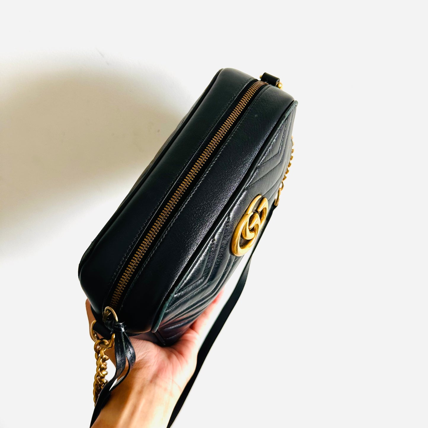 Gucci Marmont GG Monogram Logo Black GHW Leather Small Camera Shoulder Sling Bag