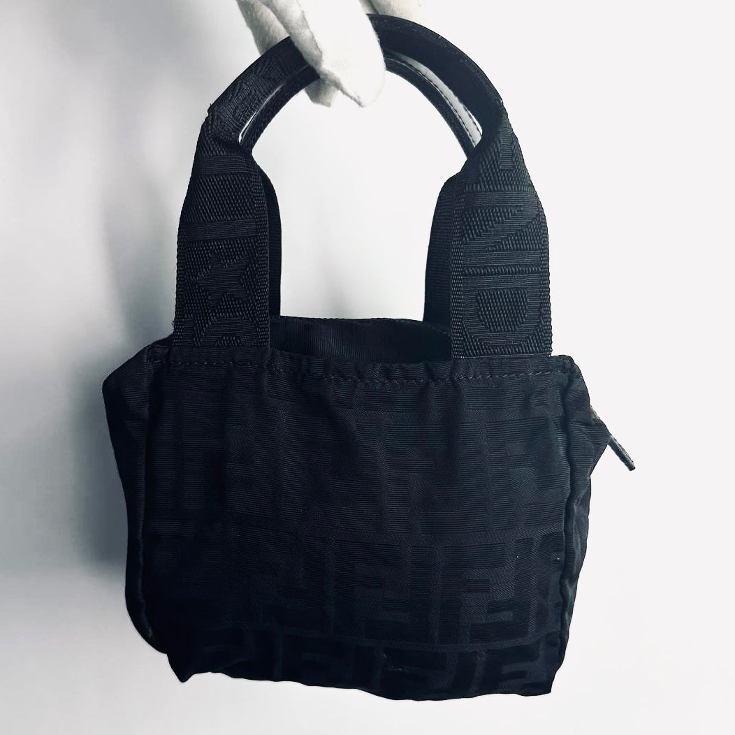 Fendi Roma Black Zucca FF Monogram Logo Mini Bucket Dumpling Zip Tote Bag
