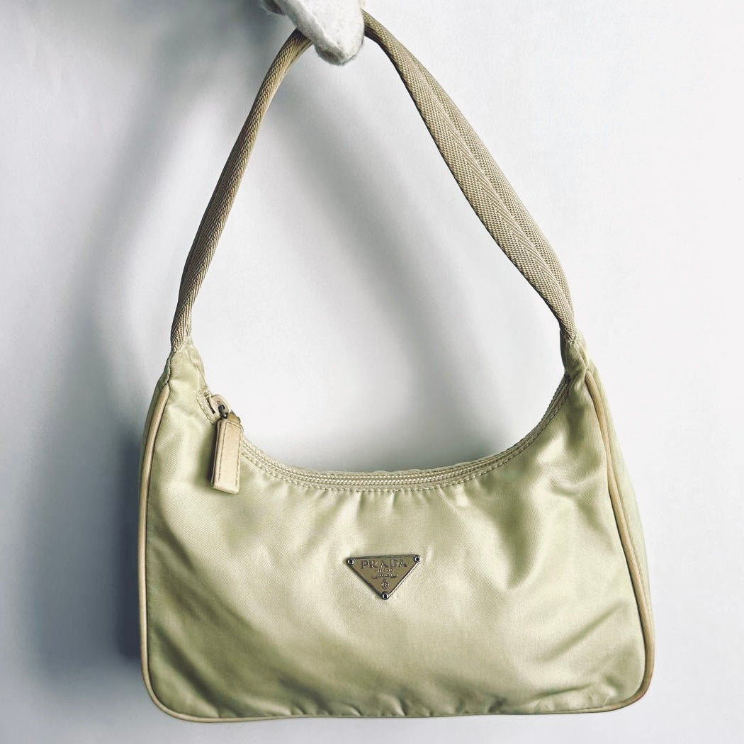 Prada Pale Yellow Tessuto Monogram Logo Nylon Hobo Baguette Shoulder Bag