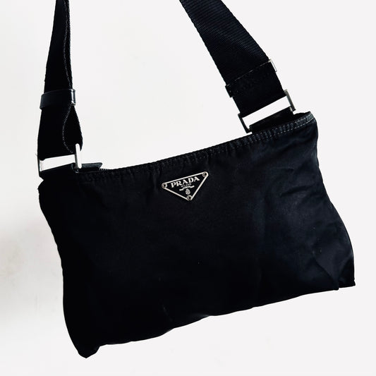 Prada Tessuto Black Classic Logo Nylon & Leather Zip Shoulder Sling Bag
