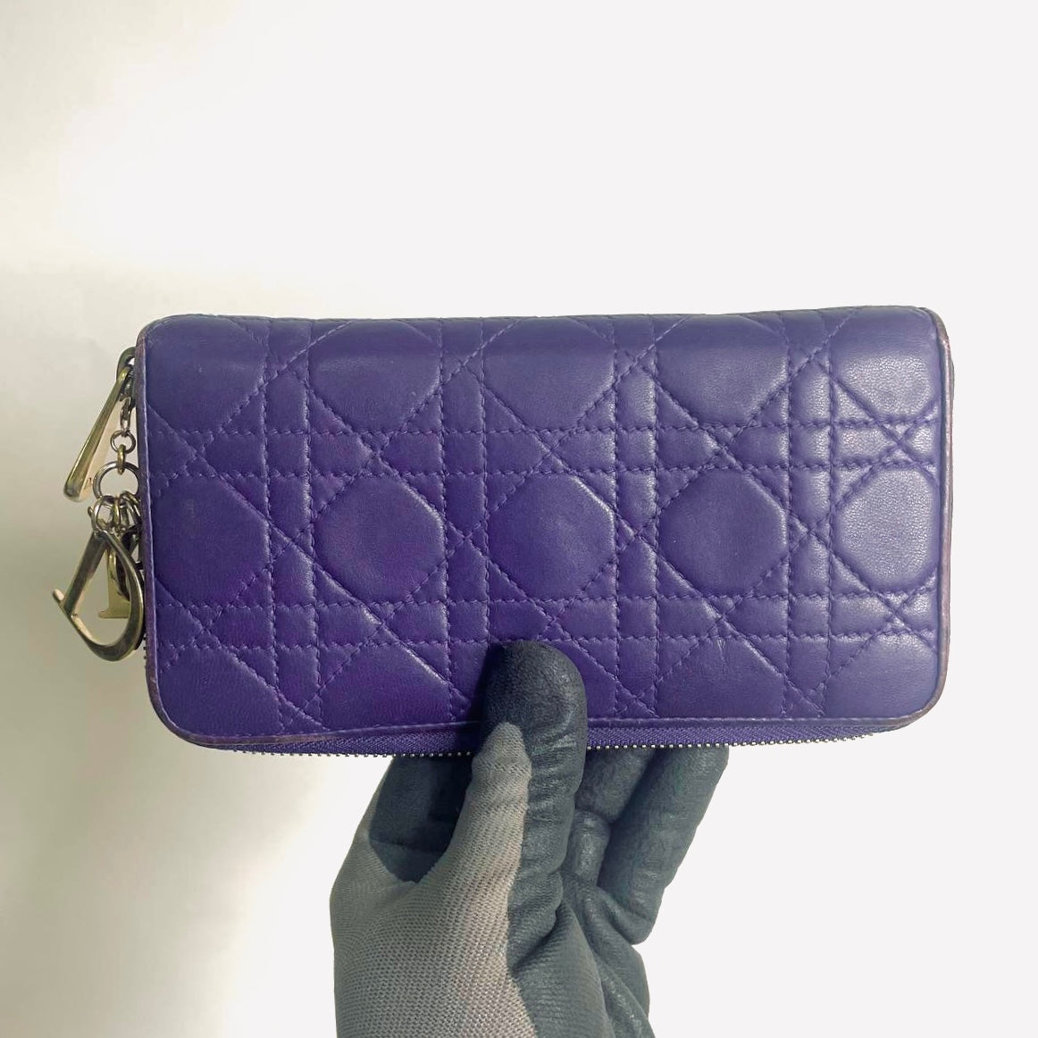 Christian Dior CD Lady Dior Indigo Purple GHW Cannage Quilted Lambskin Monogram Logo Charms Long Zippy Zip Around Wallet
