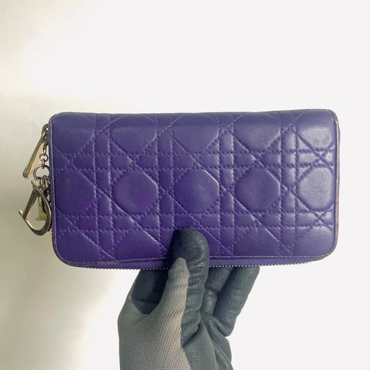 Christian Dior CD Lady Dior Indigo Purple GHW Cannage Quilted Lambskin Monogram Logo Charms Long Zippy Zip Around Wallet