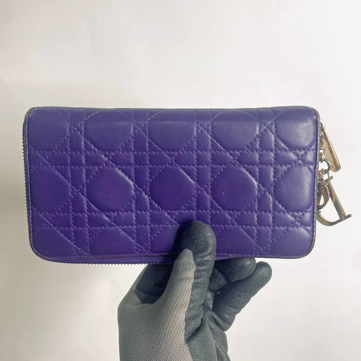 Christian Dior CD Lady Dior Indigo Purple GHW Cannage Quilted Lambskin Monogram Logo Charms Long Zippy Zip Around Wallet