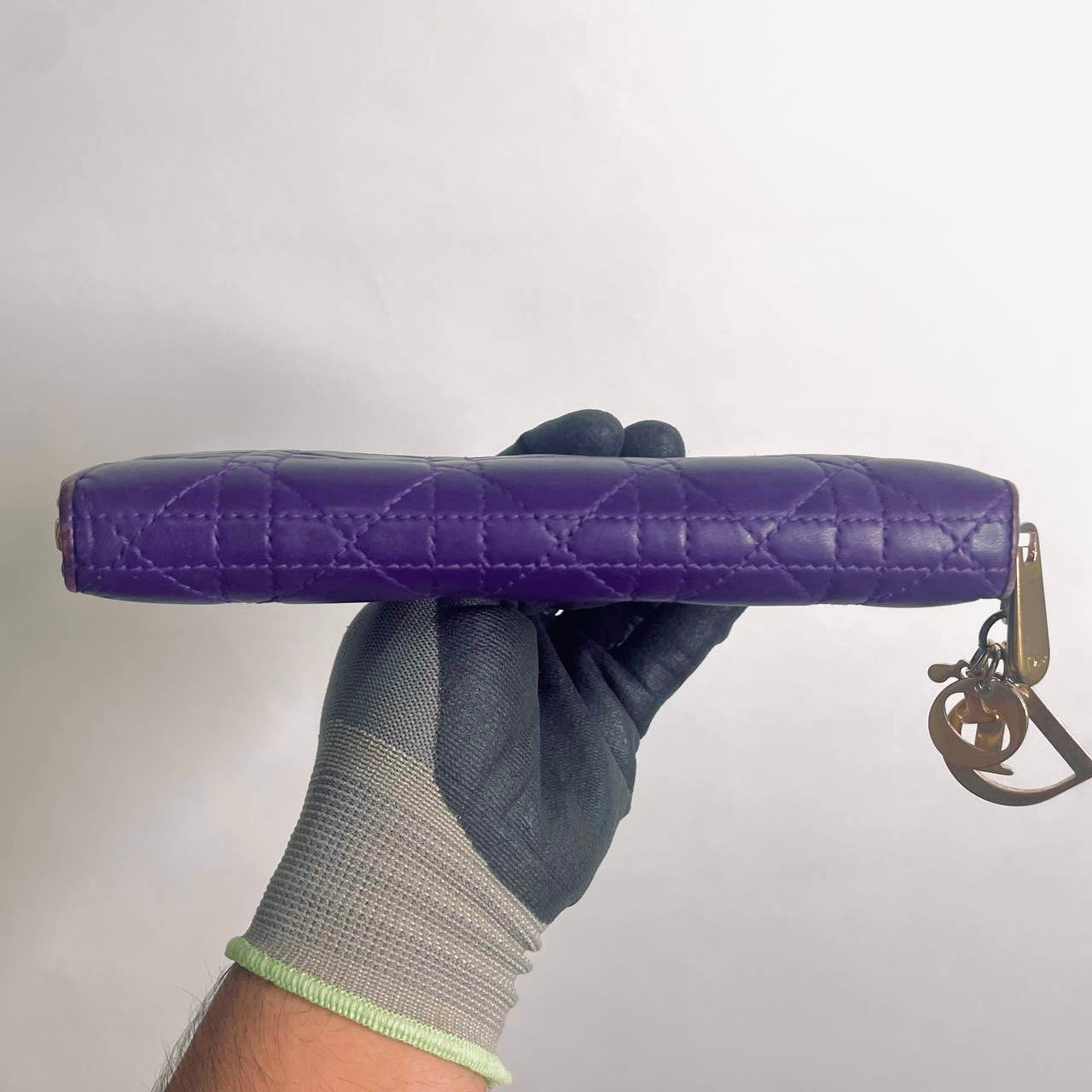 Christian Dior CD Lady Dior Indigo Purple GHW Cannage Quilted Lambskin Monogram Logo Charms Long Zippy Zip Around Wallet