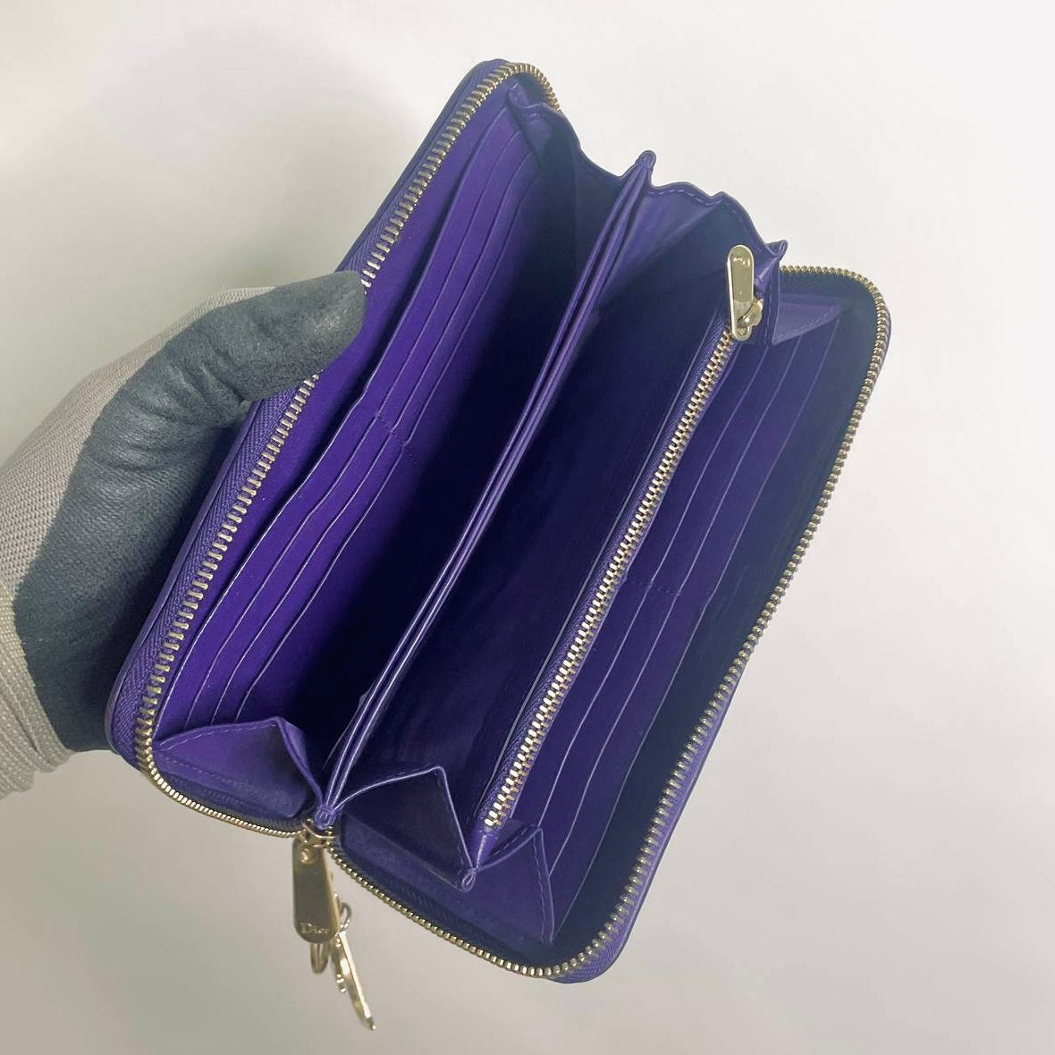 Christian Dior CD Lady Dior Indigo Purple GHW Cannage Quilted Lambskin Monogram Logo Charms Long Zippy Zip Around Wallet