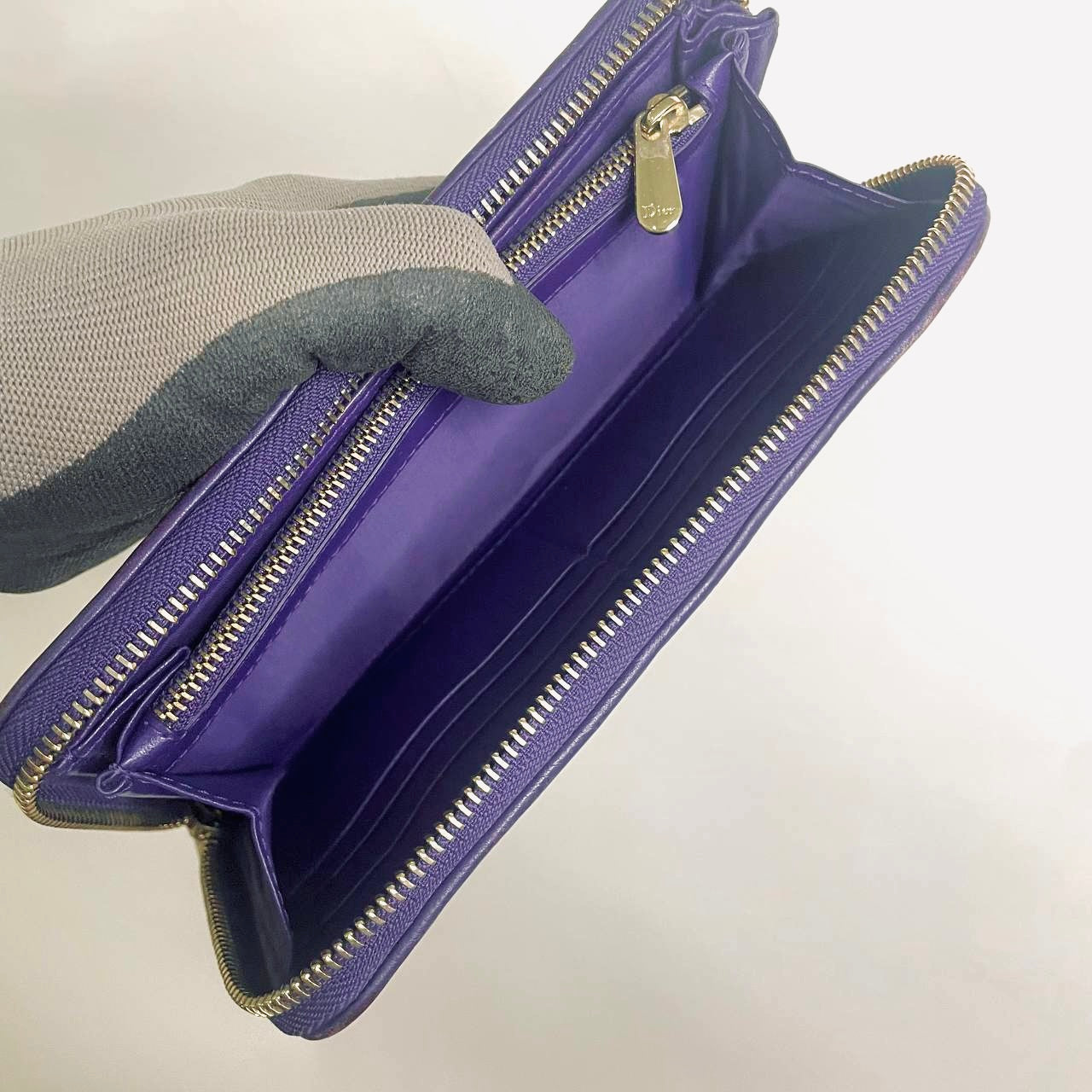 Christian Dior CD Lady Dior Indigo Purple GHW Cannage Quilted Lambskin Monogram Logo Charms Long Zippy Zip Around Wallet