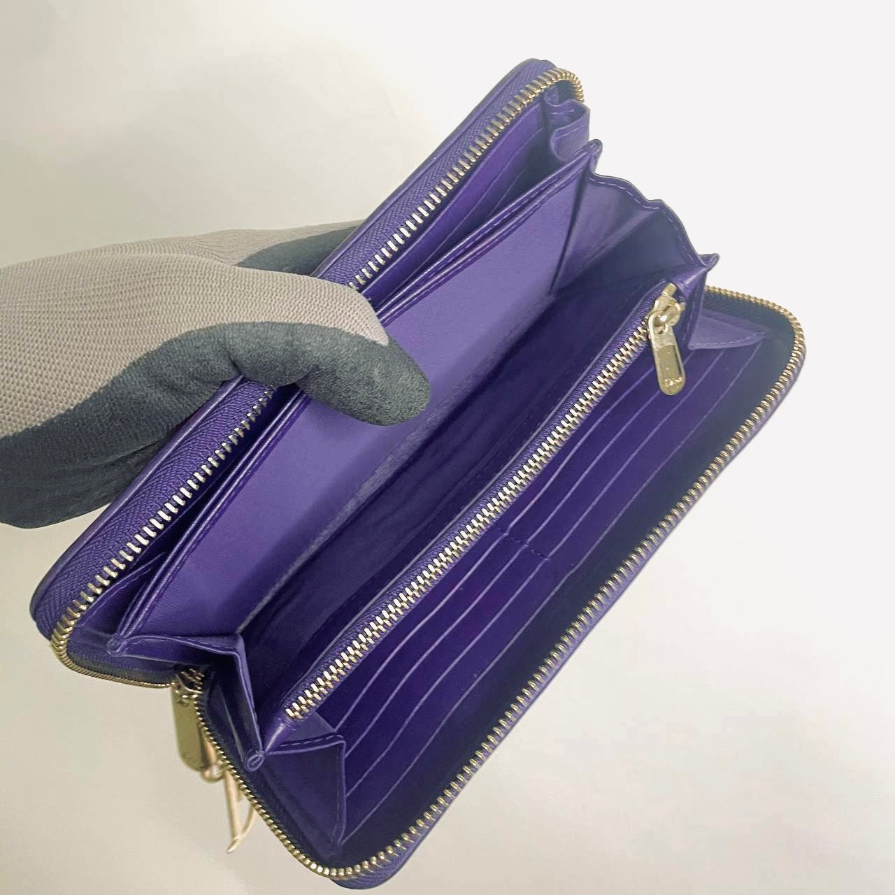 Christian Dior CD Lady Dior Indigo Purple GHW Cannage Quilted Lambskin Monogram Logo Charms Long Zippy Zip Around Wallet