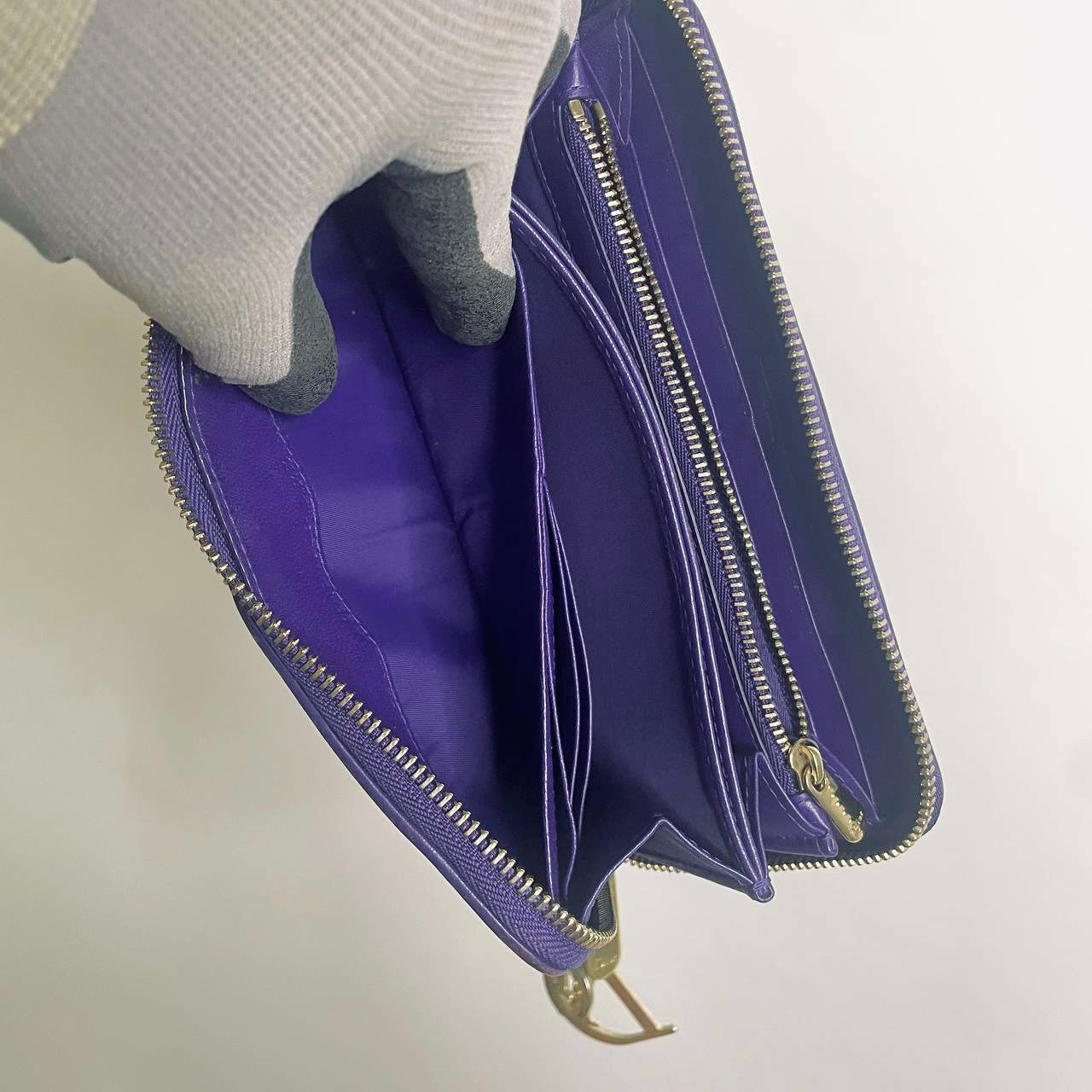 Christian Dior CD Lady Dior Indigo Purple GHW Cannage Quilted Lambskin Monogram Logo Charms Long Zippy Zip Around Wallet
