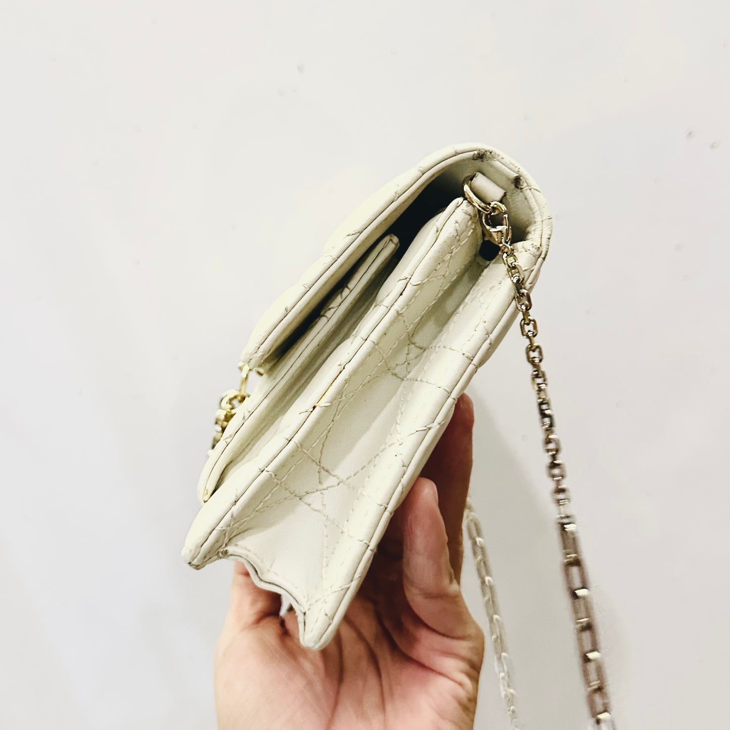 Christian Dior CD Lady My Dior Daily Chain Pouch Latte White GHW Monogram Logo Cannage Quilted Lambskin Shoulder Sling Flap Bag