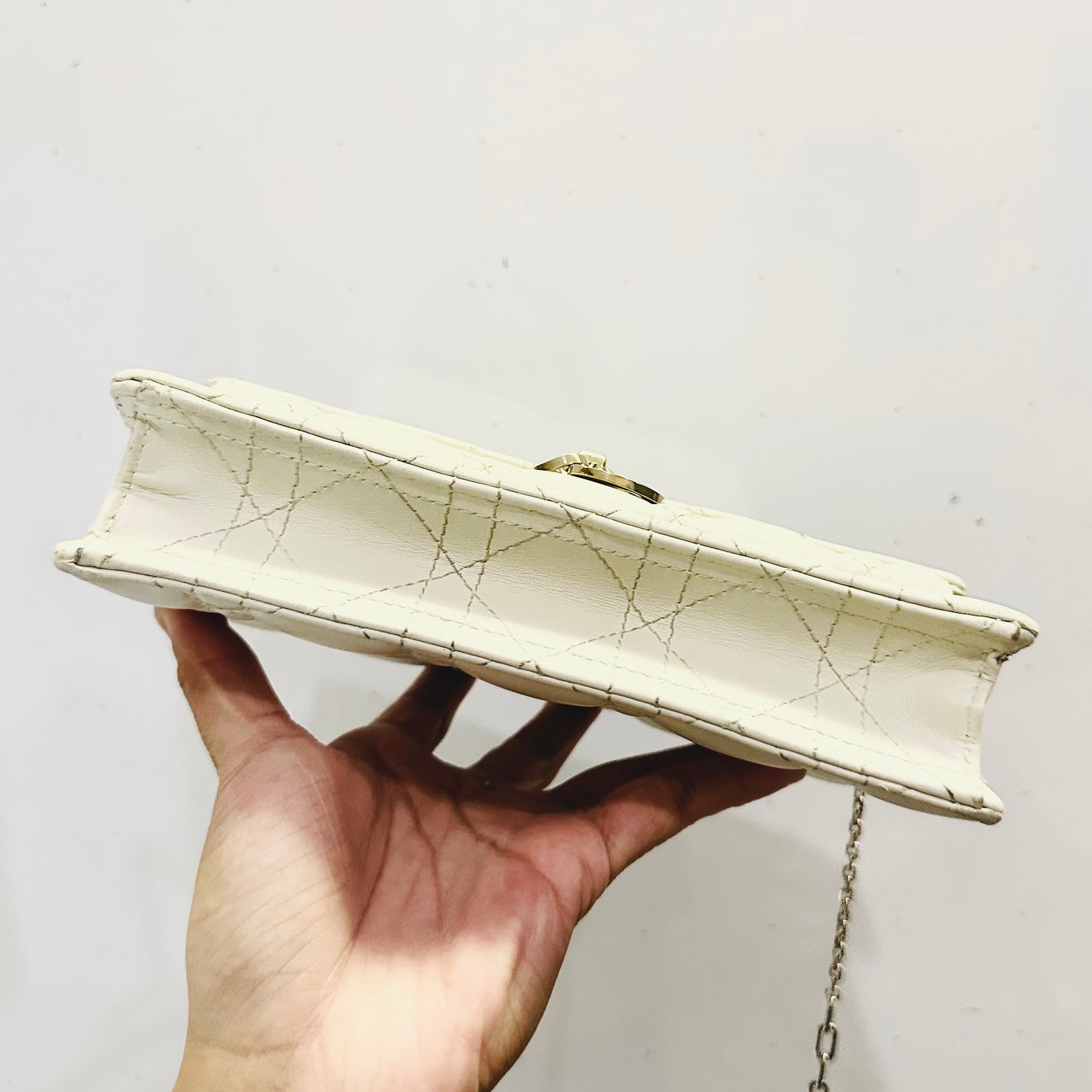 Christian Dior CD Lady My Dior Daily Chain Pouch Latte White GHW Monogram Logo Cannage Quilted Lambskin Shoulder Sling Flap Bag
