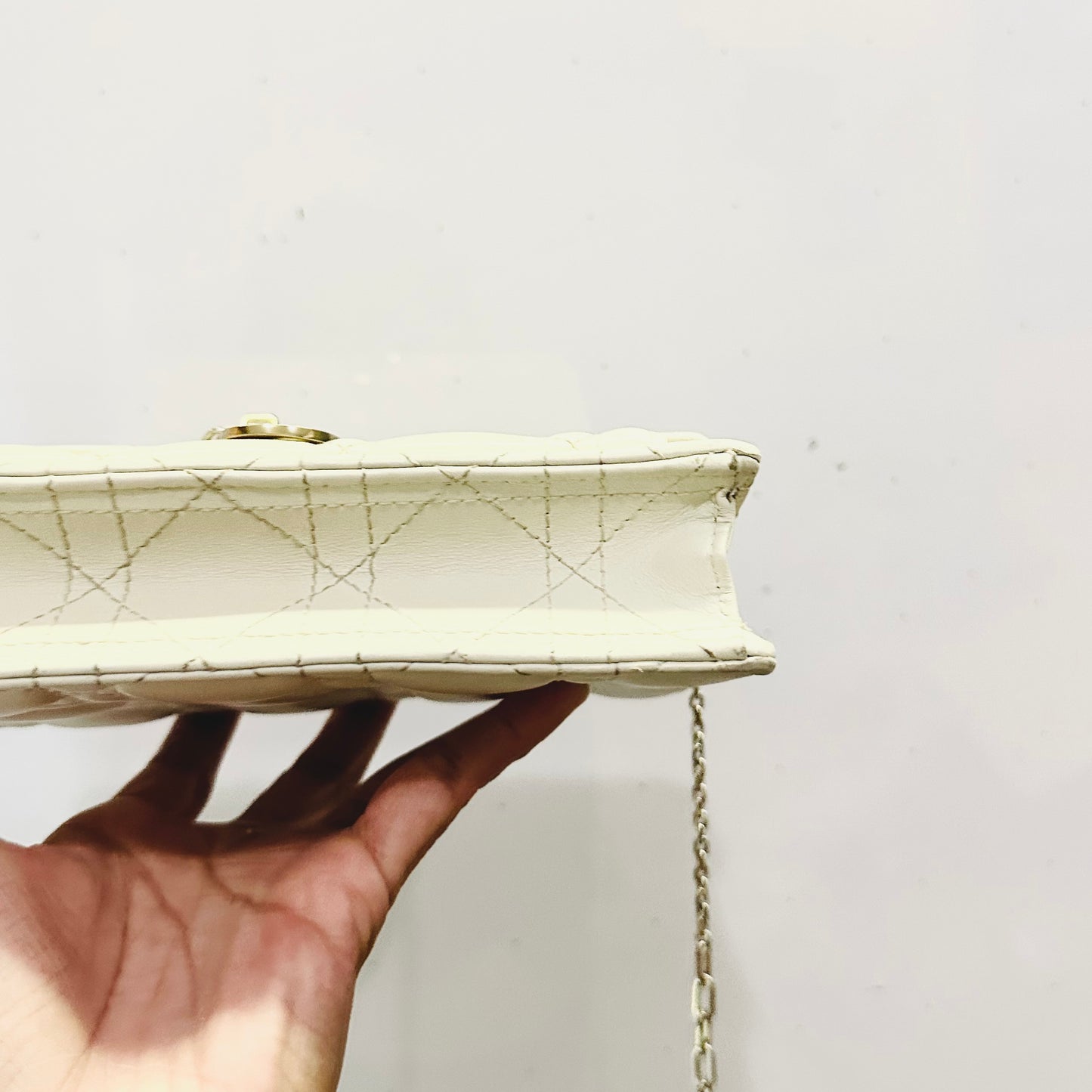 Christian Dior CD Lady My Dior Daily Chain Pouch Latte White GHW Monogram Logo Cannage Quilted Lambskin Shoulder Sling Flap Bag