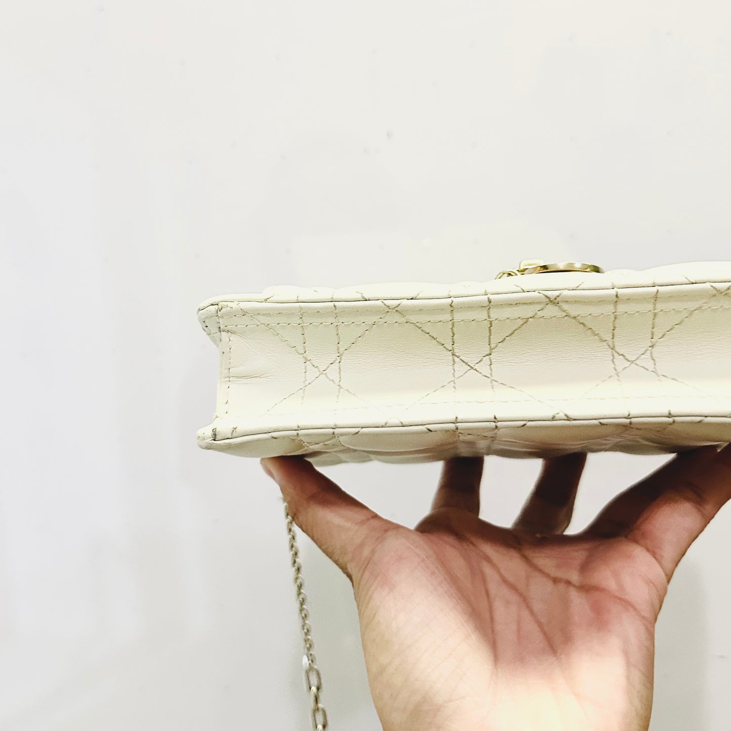 Christian Dior CD Lady My Dior Daily Chain Pouch Latte White GHW Monogram Logo Cannage Quilted Lambskin Shoulder Sling Flap Bag