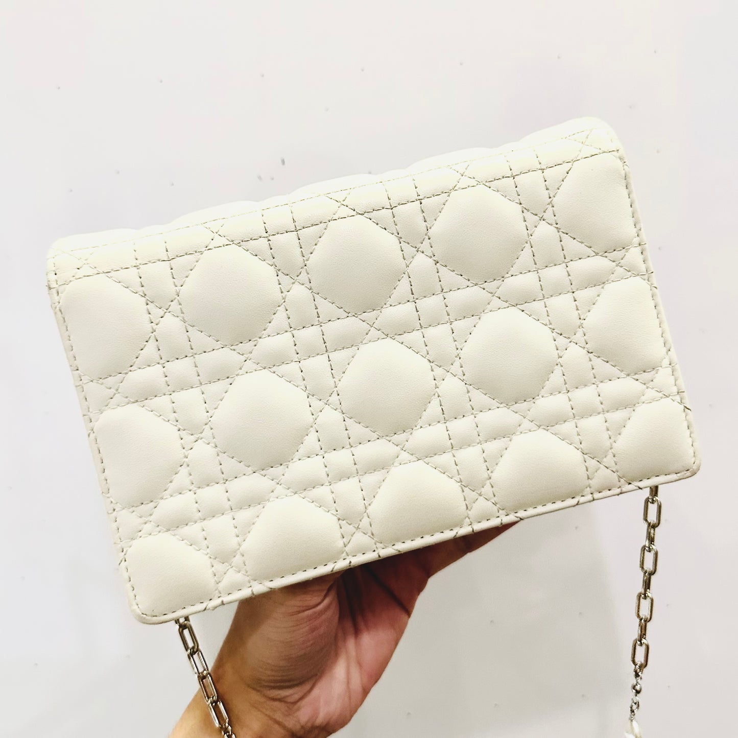 Christian Dior CD Lady My Dior Daily Chain Pouch Latte White GHW Monogram Logo Cannage Quilted Lambskin Shoulder Sling Flap Bag