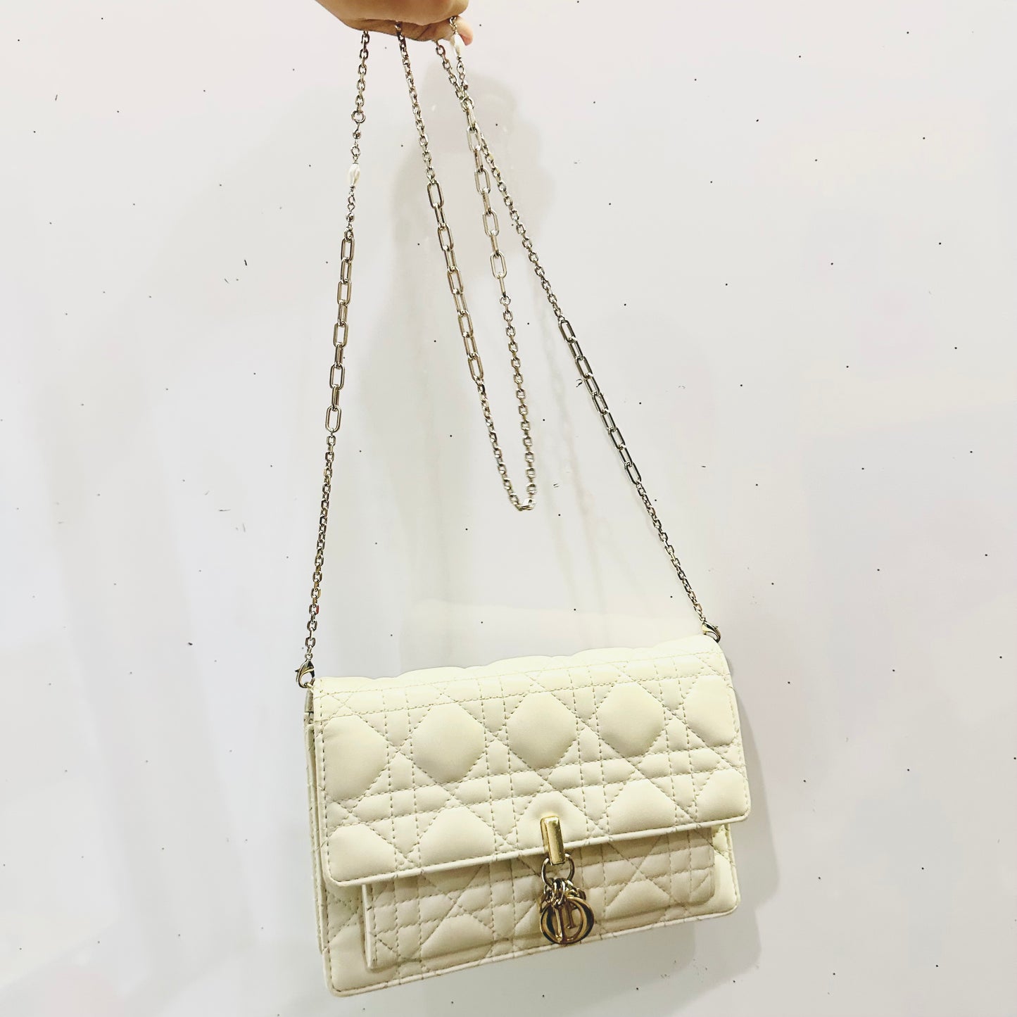 Christian Dior CD Lady My Dior Daily Chain Pouch Latte White GHW Monogram Logo Cannage Quilted Lambskin Shoulder Sling Flap Bag