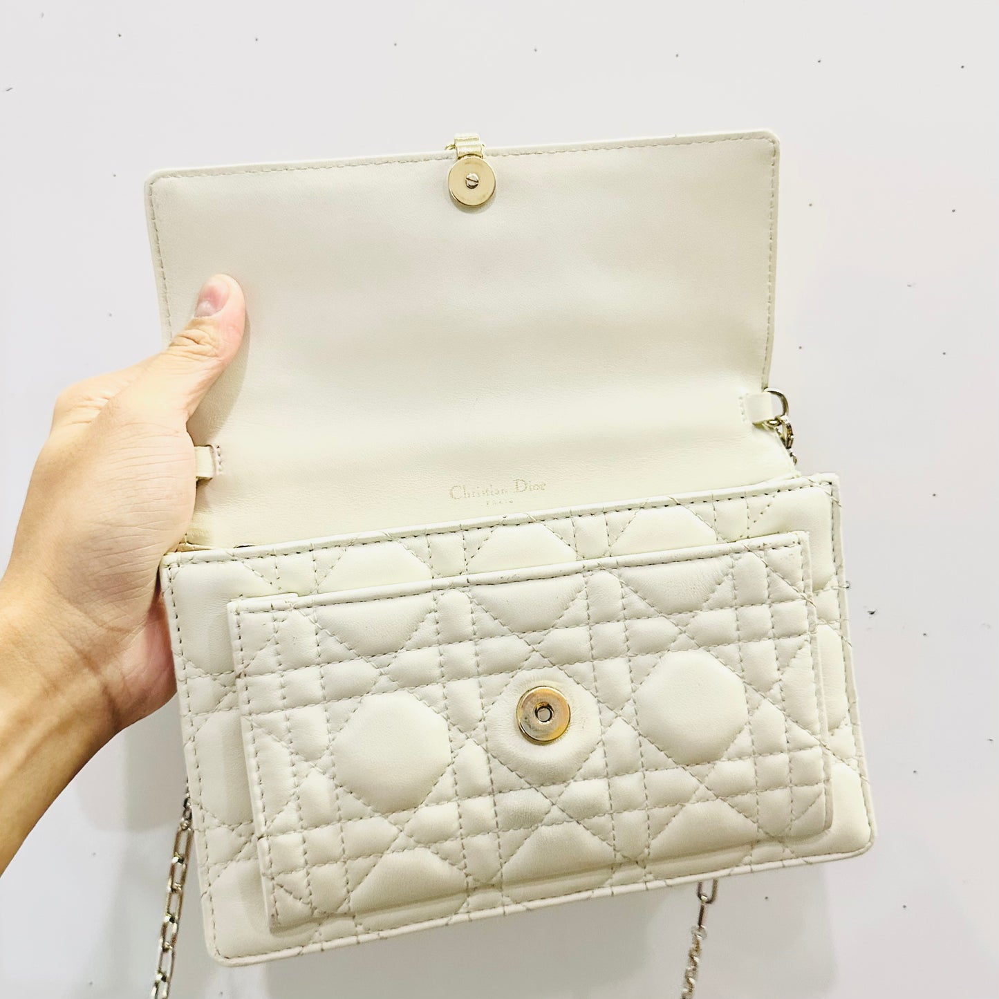 Christian Dior CD Lady My Dior Daily Chain Pouch Latte White GHW Monogram Logo Cannage Quilted Lambskin Shoulder Sling Flap Bag