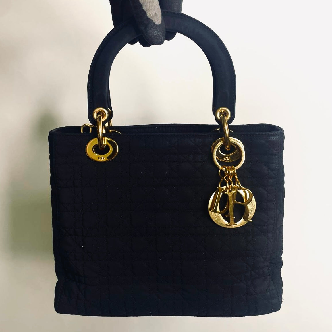 Christian Dior CD Black GHW Lady Dior Medium Cannage Quilted Nylon Top Handle Bag