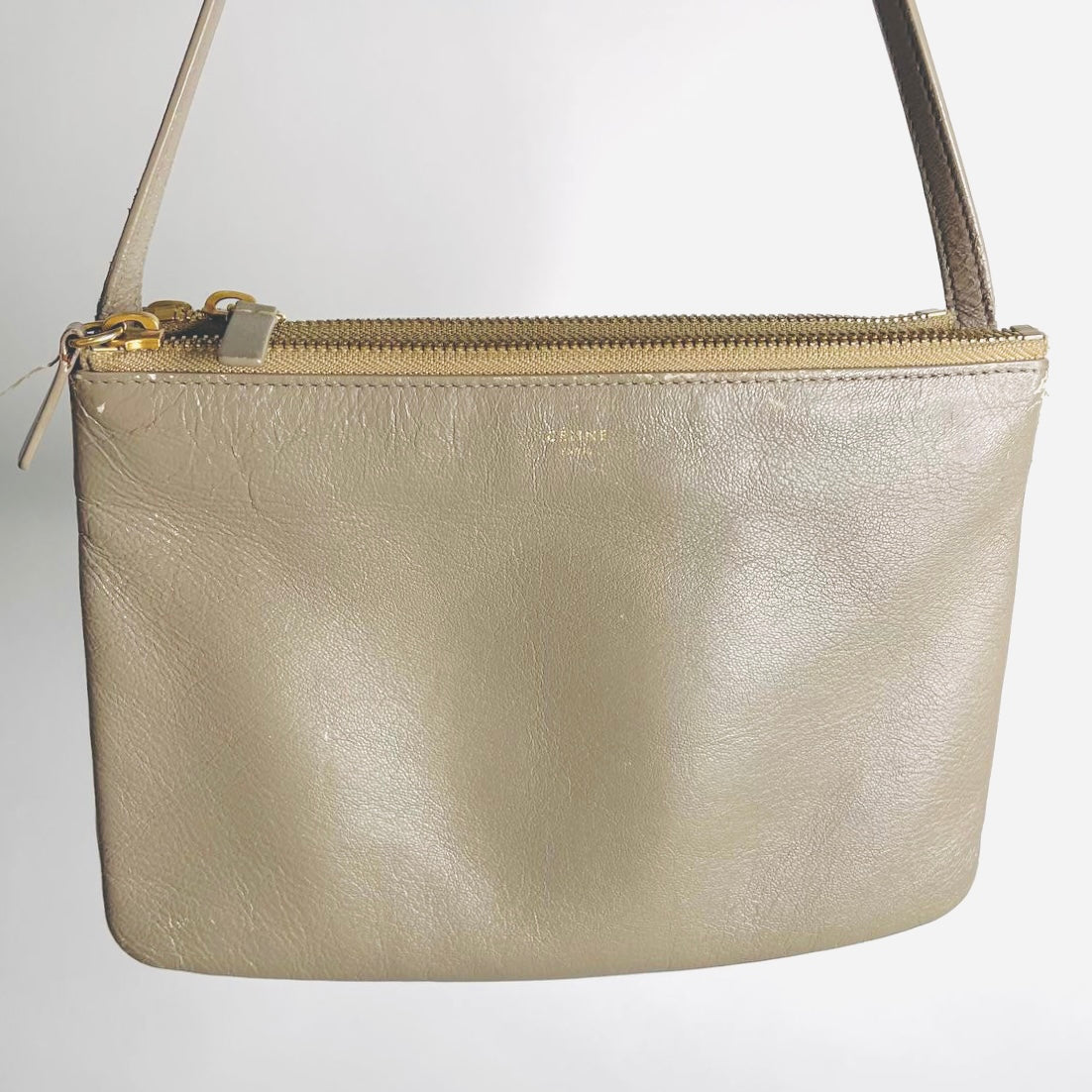 Celine Taupe Grey GHW Large Trio Monogram Logo Shoulder Sling Bag / Pouch Clutch Case