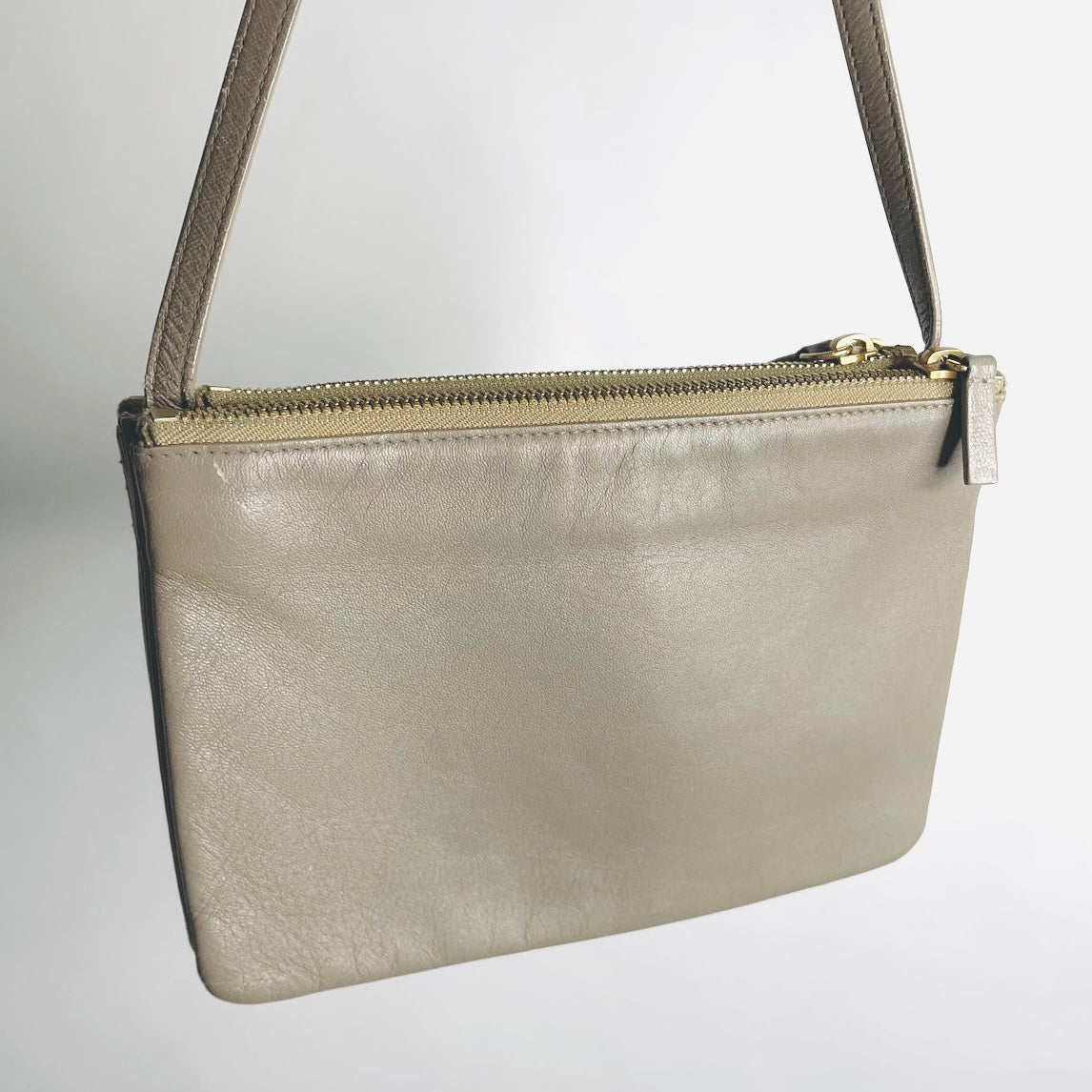 Celine Taupe Grey GHW Large Trio Monogram Logo Shoulder Sling Bag / Pouch Clutch Case