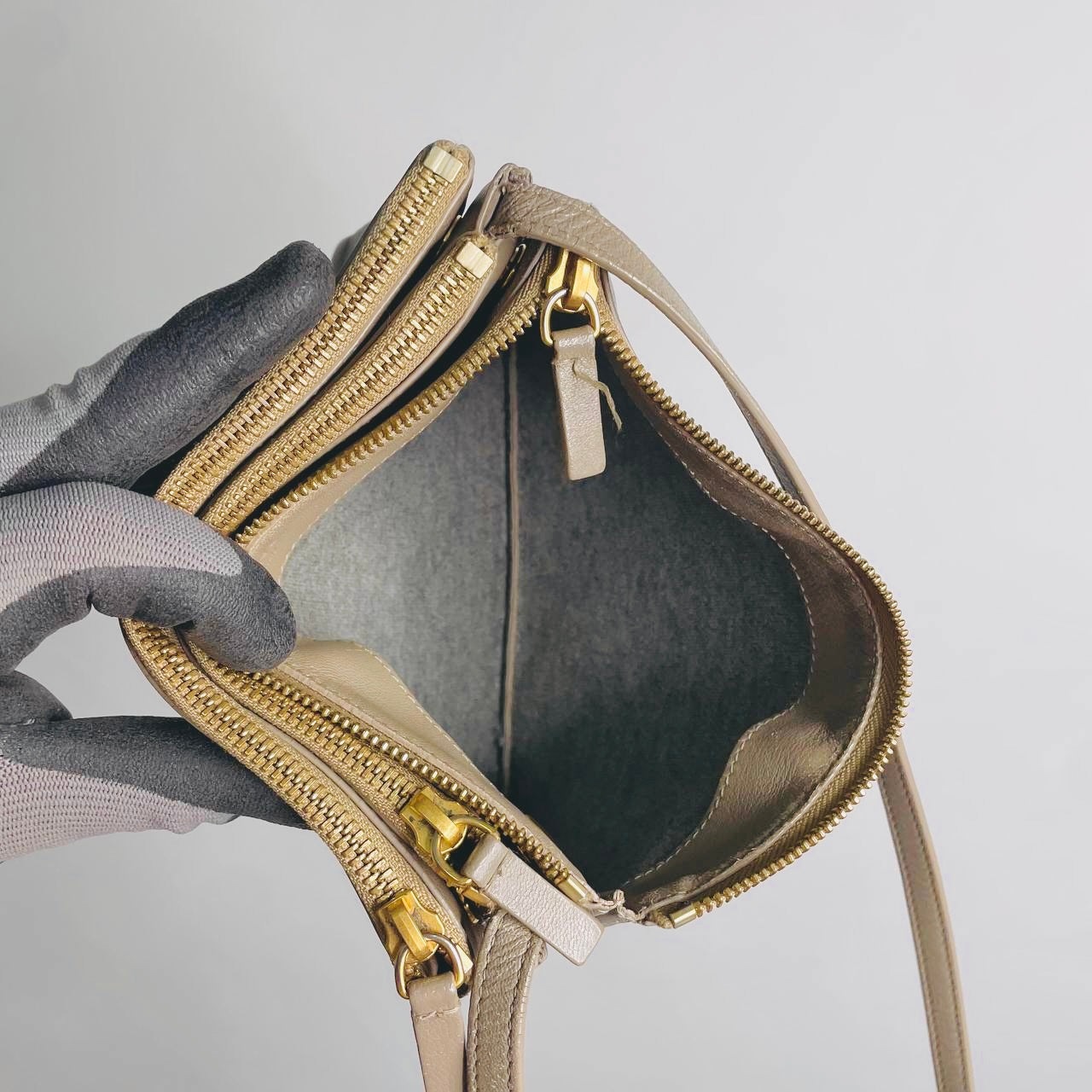 Celine Taupe Grey GHW Large Trio Monogram Logo Shoulder Sling Bag / Pouch Clutch Case