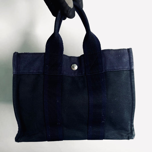 Hermes Navy Blue / Black Herline Fourre Fool Toile PM Structured Shopper Tote Bag