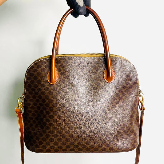 Celine Alma Triomphe Macadam Monogram Logo GHW Bandouliere Vintage 2-Way Top Handle Shoulder Sling Tote Bag