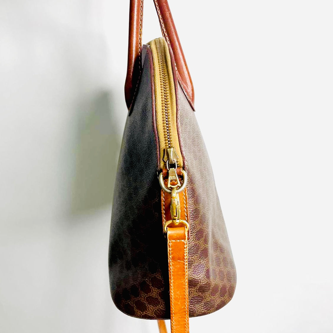 Celine Alma Triomphe Macadam Monogram Logo GHW Bandouliere Vintage 2-Way Top Handle Shoulder Sling Tote Bag