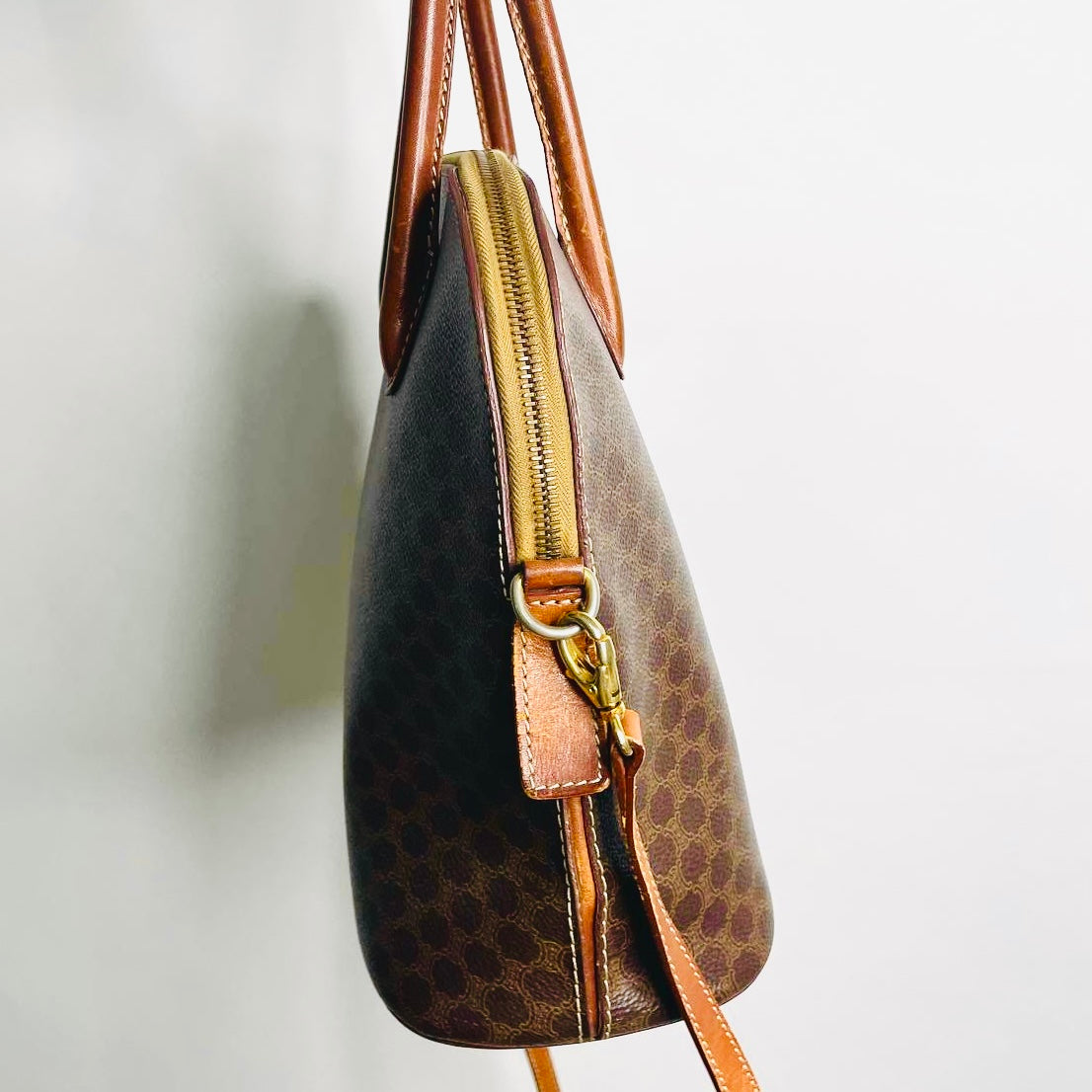 Celine Alma Triomphe Macadam Monogram Logo GHW Bandouliere Vintage 2-Way Top Handle Shoulder Sling Tote Bag
