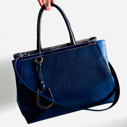 Fendi 2 De Jour 2jours Midnight Navy Blue GHW 2-Way Top Handle Shoulder Sling Tote Bag