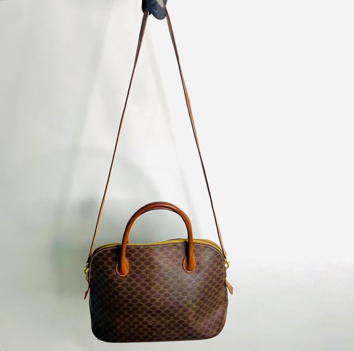 Celine Alma Triomphe Macadam Monogram Logo GHW Bandouliere Vintage 2-Way Top Handle Shoulder Sling Tote Bag