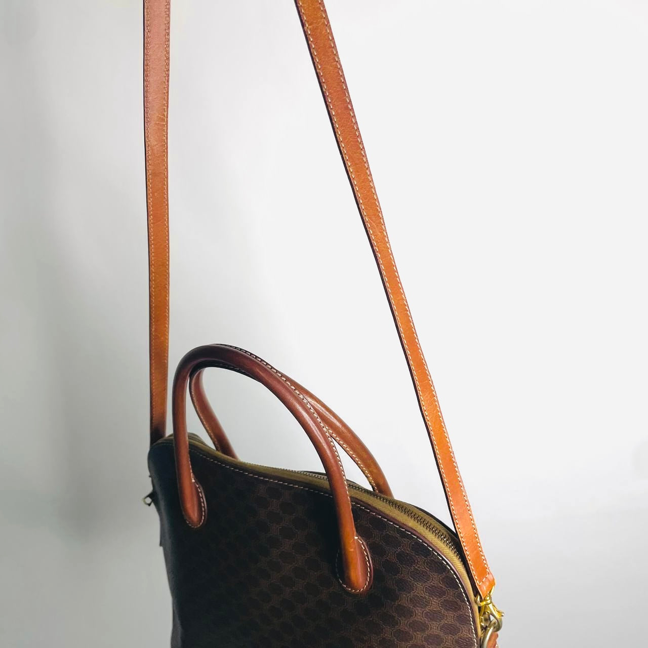 Celine Alma Triomphe Macadam Monogram Logo GHW Bandouliere Vintage 2-Way Top Handle Shoulder Sling Tote Bag