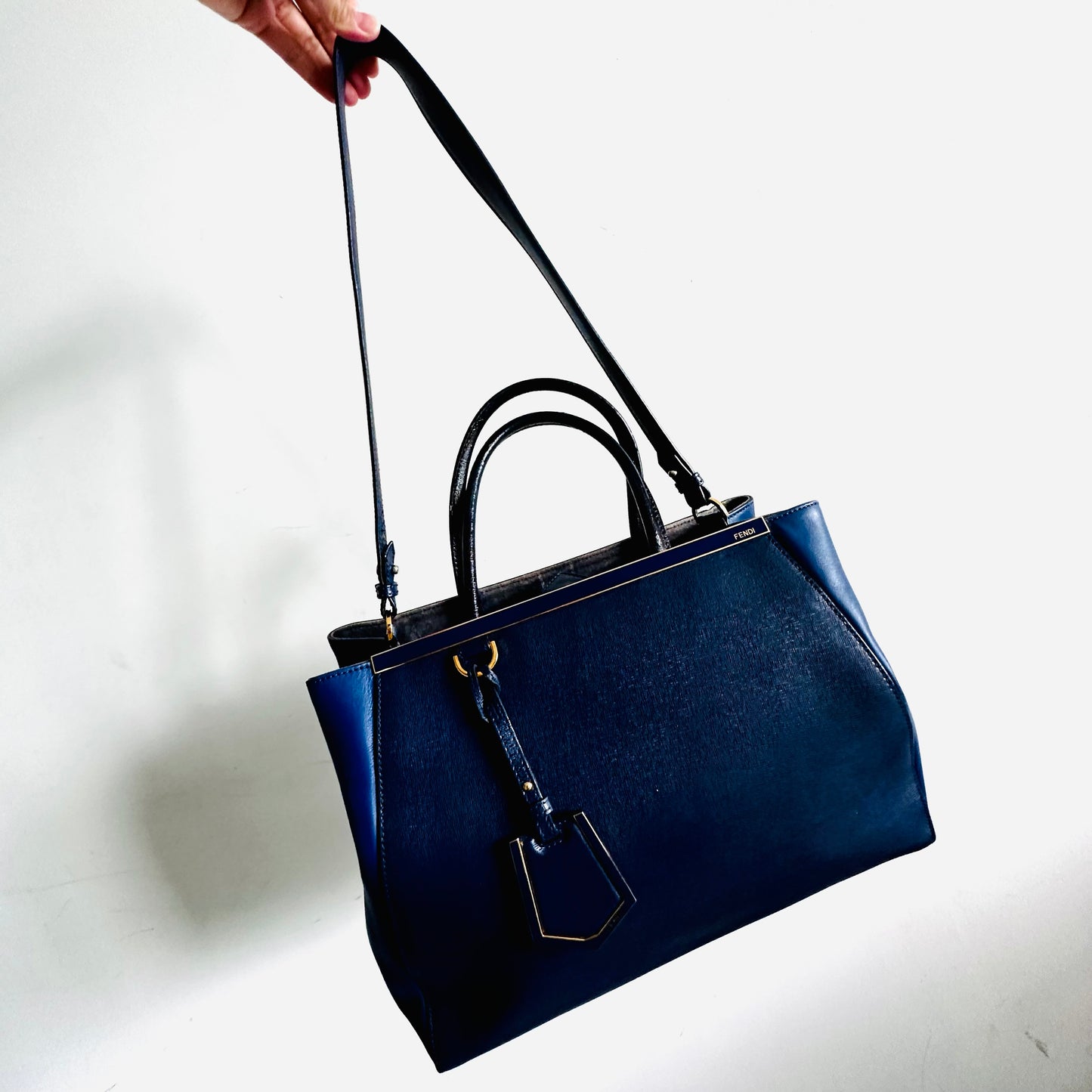 Fendi 2 De Jour 2jours Midnight Navy Blue GHW 2-Way Top Handle Shoulder Sling Tote Bag