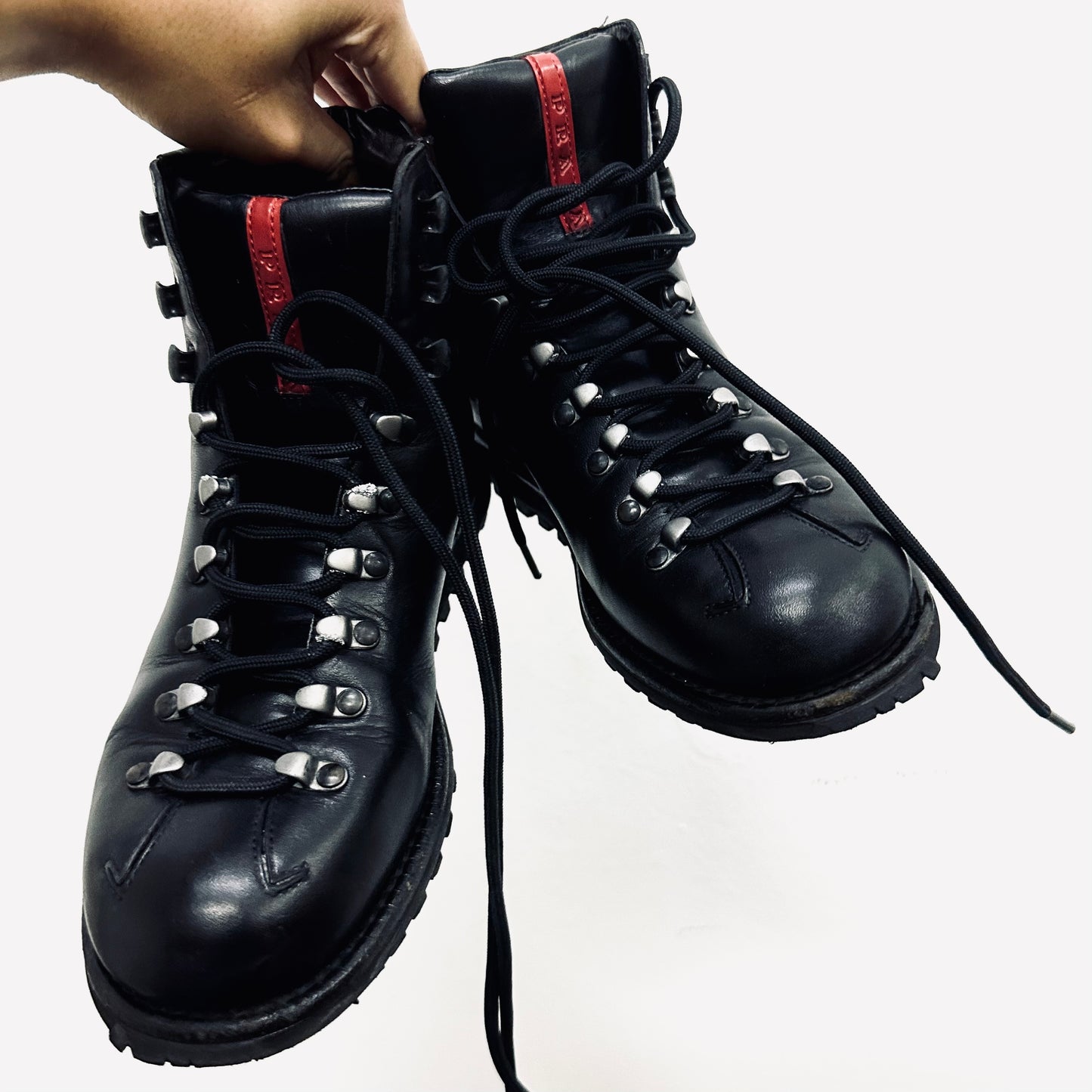 Prada Black Monogram Logo Padded Smooth Leather Calzature Donna Tecno Skiskolae Lace Up Chunky Boots Shoes