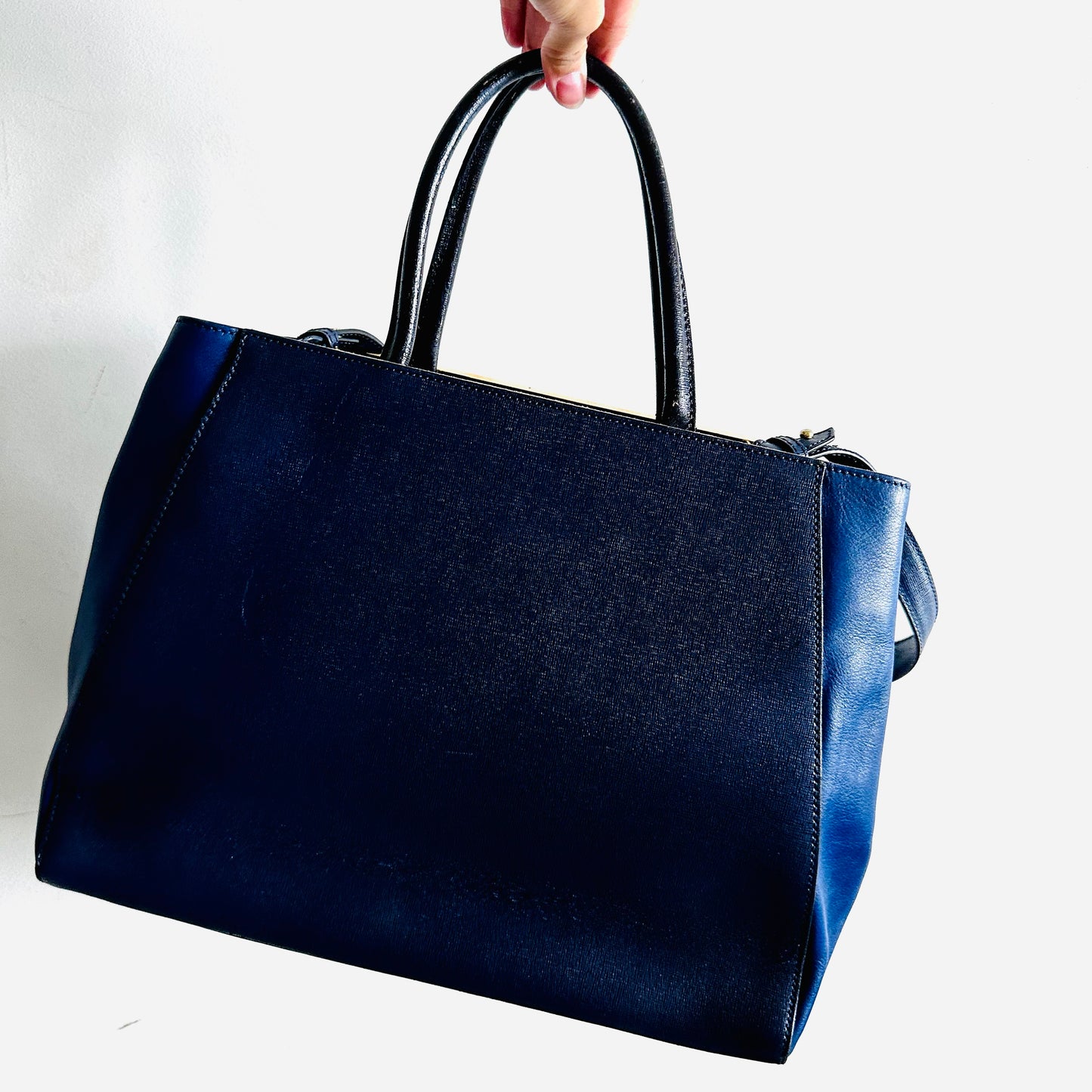 Fendi 2 De Jour 2jours Midnight Navy Blue GHW 2-Way Top Handle Shoulder Sling Tote Bag