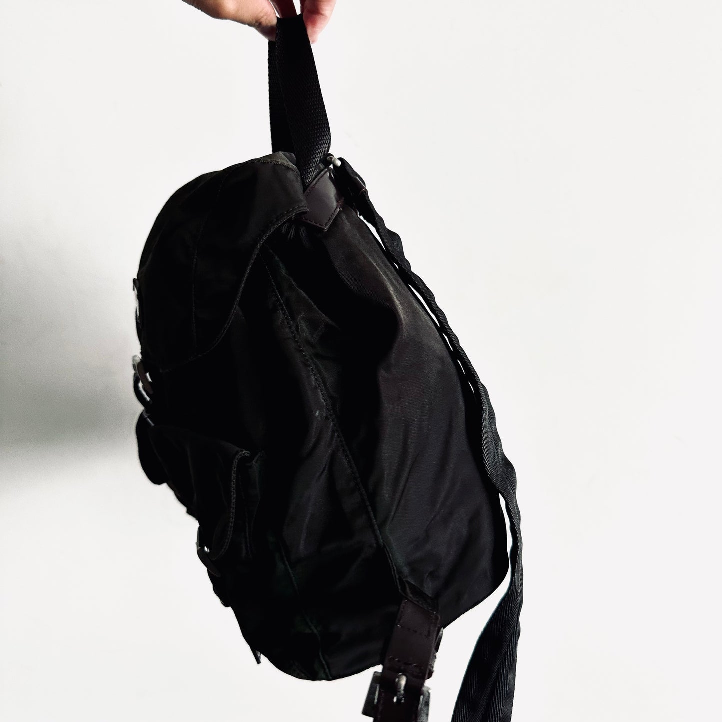 Prada Dark Khaki Tessuto Monogram Logo Small Backpack Bag