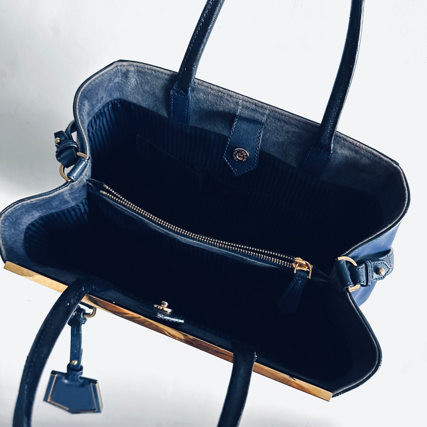 Fendi 2 De Jour 2jours Midnight Navy Blue GHW 2-Way Top Handle Shoulder Sling Tote Bag