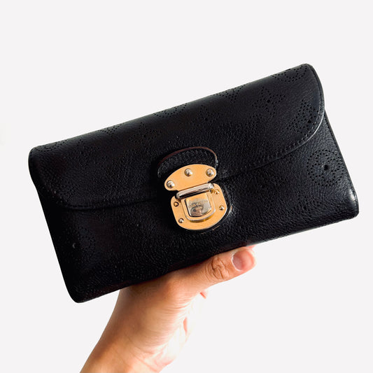 Louis Vuitton LV Black GHW Mahina Amelia Monogram Logo Leather Flap Trifold Long Wallet