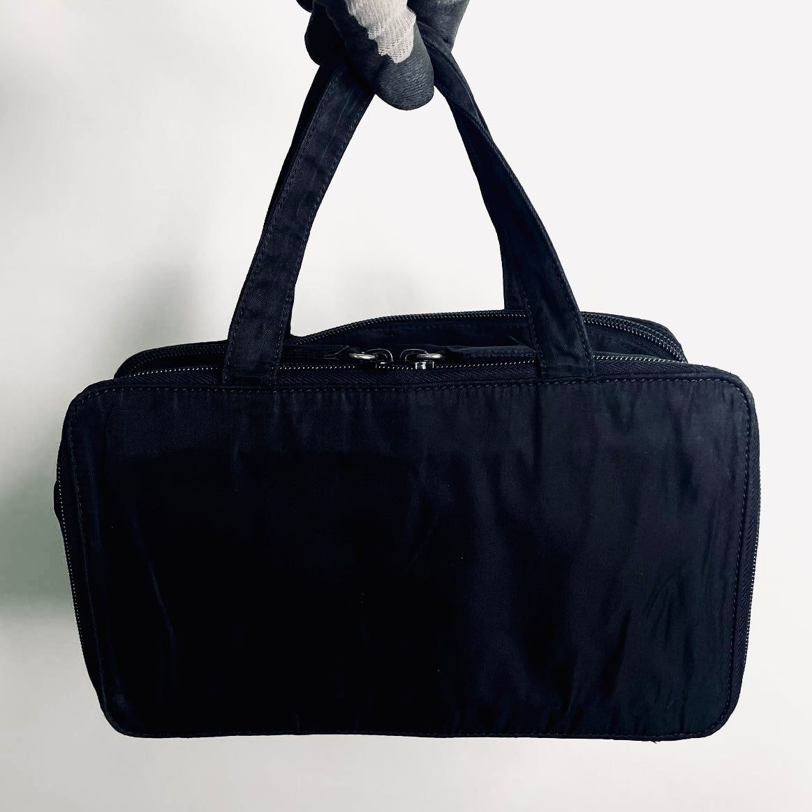 Prada Black Tessuto Classic Logo Boston Bowling Utility Zip Around Briefcase Top Handle Tote Bag