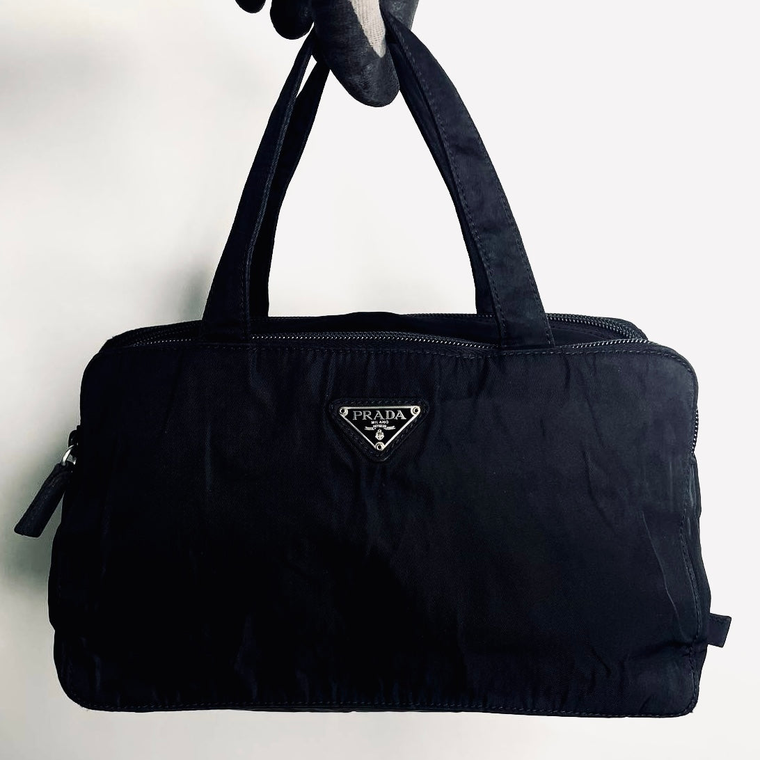 Prada Black Tessuto Classic Logo Boston Bowling Utility Zip Around Briefcase Top Handle Tote Bag